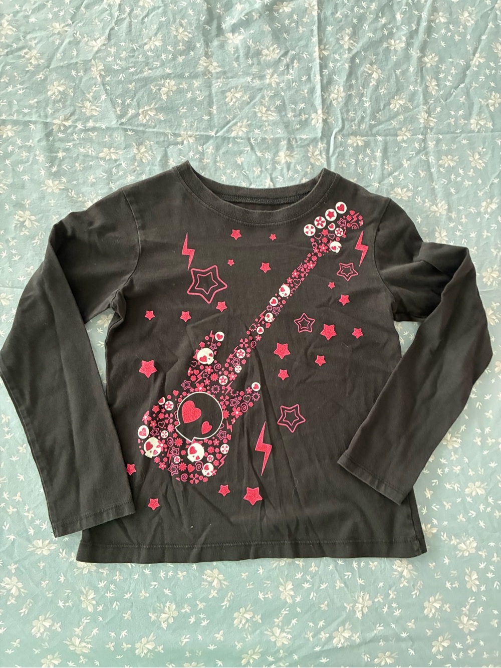 Place Black Long-Sleeve Tee with Pink Guitar Graphic
